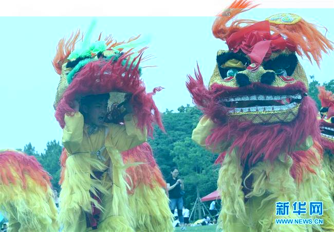 6月7日，上海市育人中学学生在上海海湾国家森林公园舞狮。新华社记者 刘颖 摄