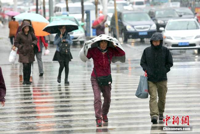  10月9日，辽宁沈阳气温骤降，市民在寒冷的风雨中出行。 中新社发 黄金昆 摄